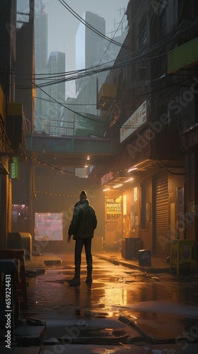A cyberpunk city alley with glowing neon lights. Generative AI. 