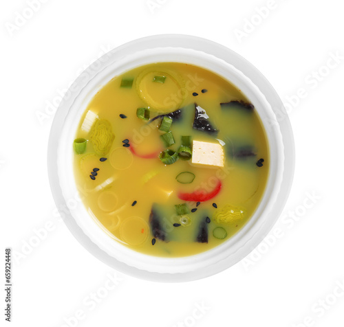 Canvastavla Bowl of delicious miso soup with tofu isolated on white, top view