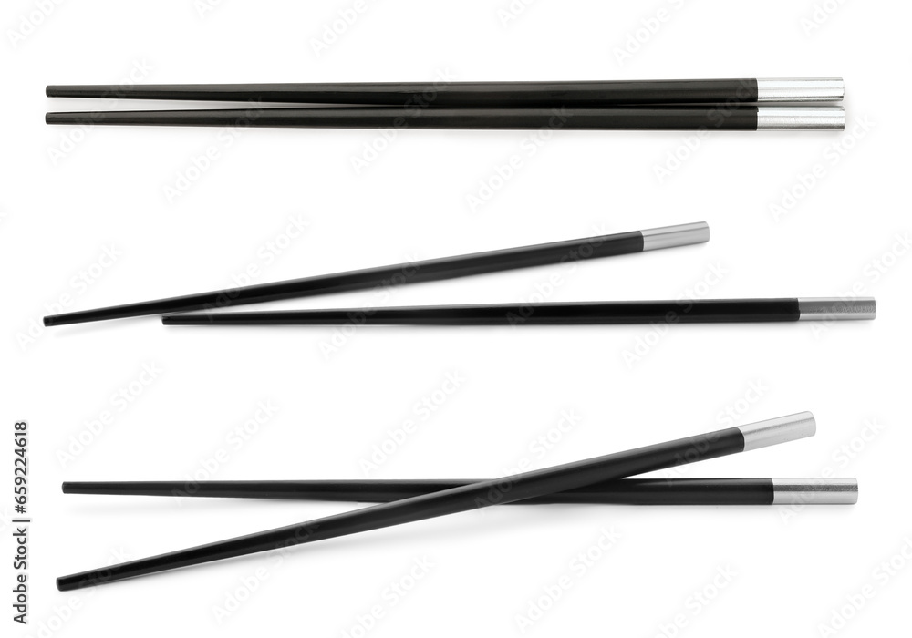 Collage with black chopsticks isolated on white