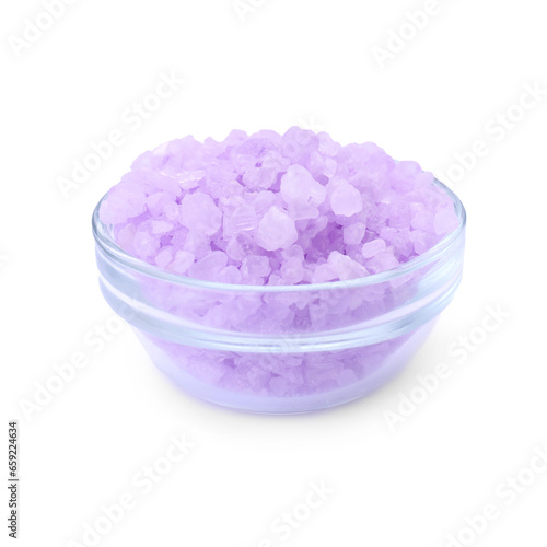 Glass bowl with violet sea salt isolated on white
