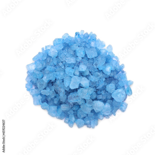 Heap of blue sea salt isolated on white, top view