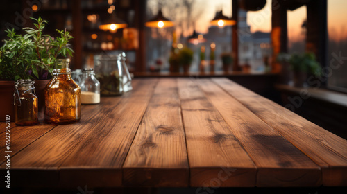 Empty beautiful wood table top and blur modern kitchen interior background.