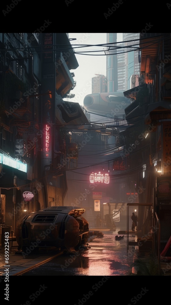 A cyberpunk city alley. Generative AI. 