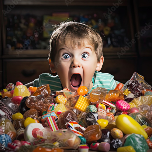 Child with far too much candy, looking crazy. Boy photo