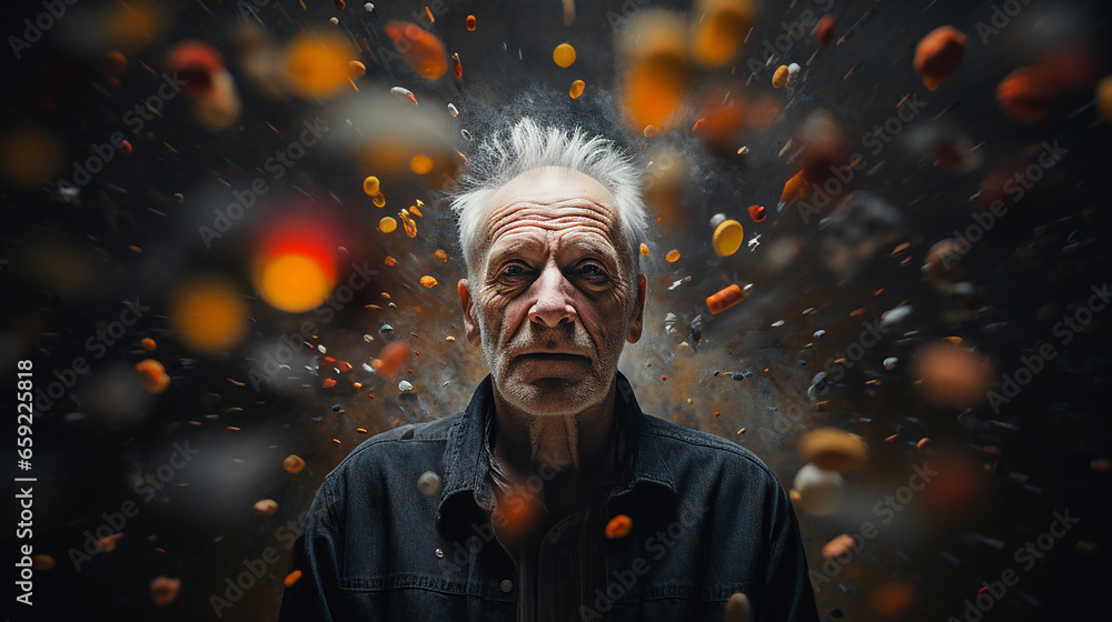an elderly man stands among many flying in the air pills and tablets. mental and physical health concept. Caring for the Elderly an elderly man stands among many flying in the air pills and tablets. mental and physical health concept. Caring for the Elderly