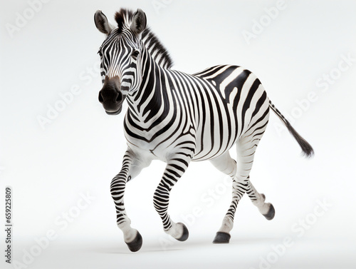 A Zebra running on a white studio background