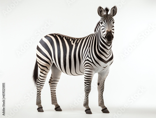A side view of a Zebra on a white studio background