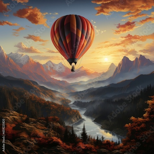 Colorful hot air balloon floating over mountains at sunrise