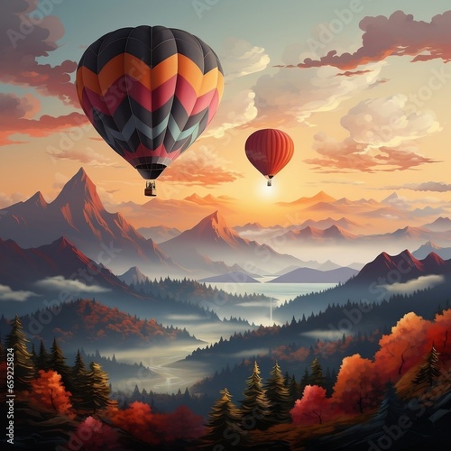 Colorful hot air balloon floating over mountains at sunrise © Mstluna