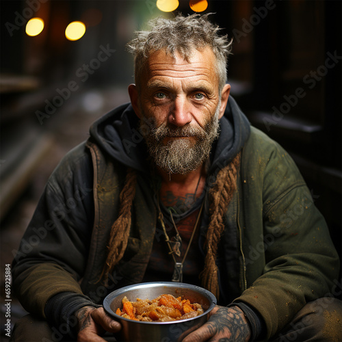 A homeless beggar sits in dirty clothes on the street in the city with a bowl of food and asks for a money donation.