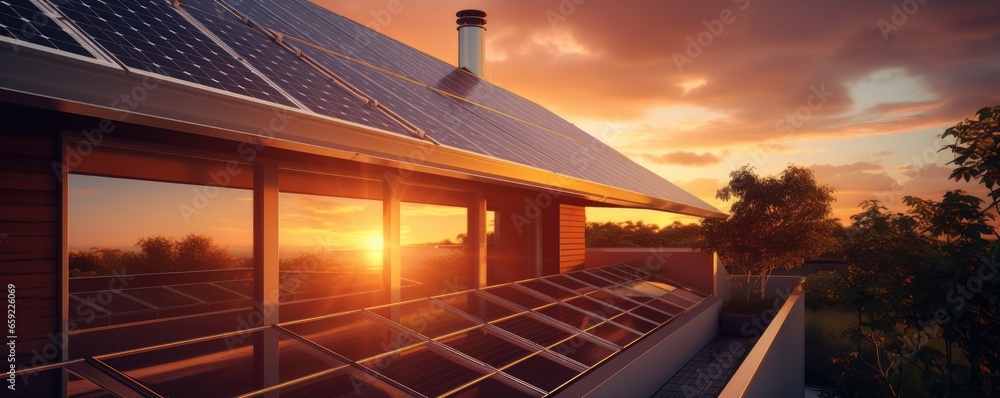 Obraz premium Solar panels installed on the roof of a house, golden hour