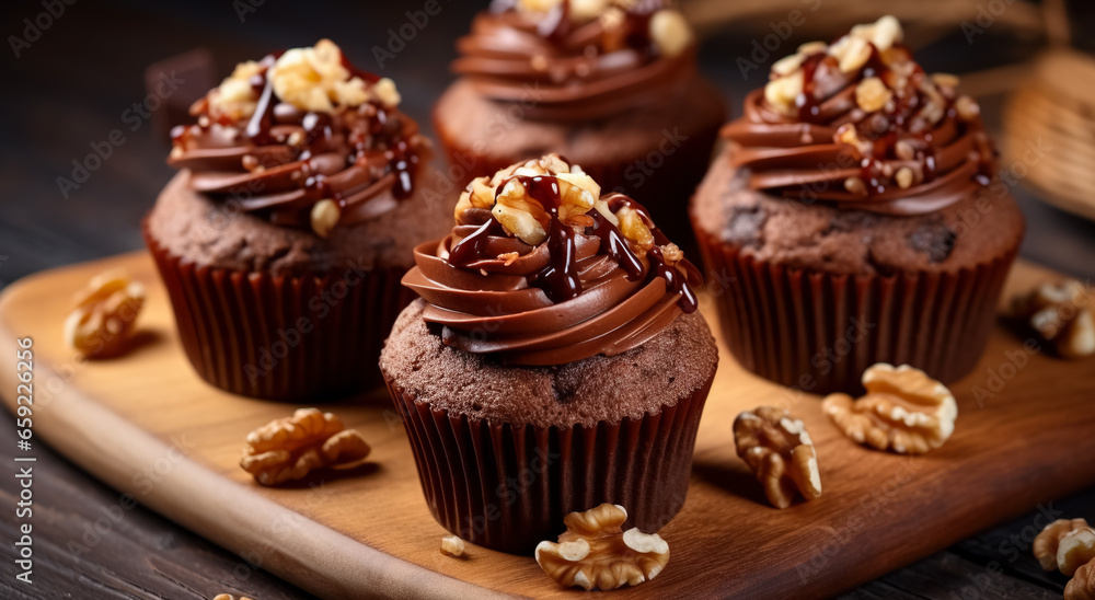 Chocolate caramel cupcake with nuts. Tasty chocolate cupcakes
