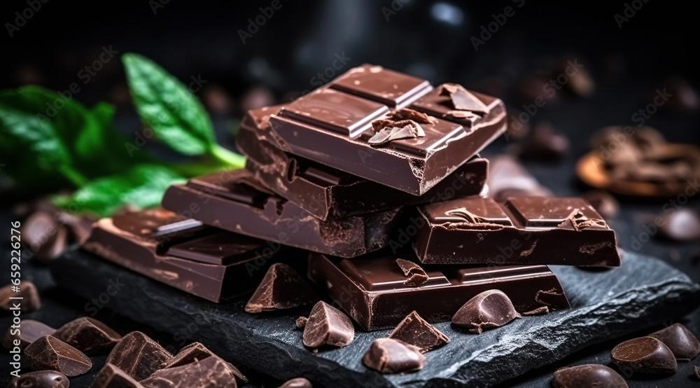Dark chocolate stack, chips and powder. Composition of bars and pieces of dark chocolate, close up
Dark chocolate stack, chips and powder. Composition of bars and pieces of dark chocolate, close up