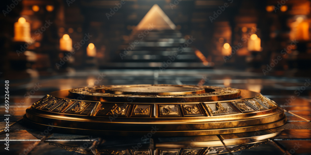 Ancient golden product display podium with pyramids background. - obrazy, fototapety, plakaty 