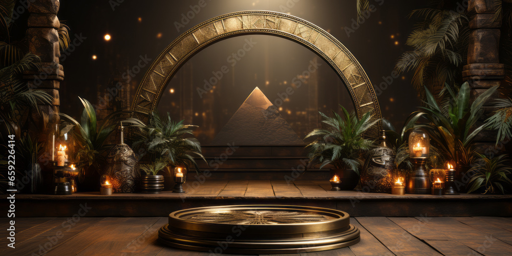 Ancient golden product display podium with pyramids background. - obrazy, fototapety, plakaty 