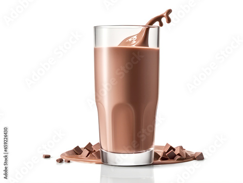 Glass of chocolate milk with chocolate pieces and coffee beans on dark background.