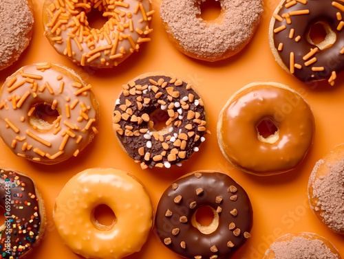 Donut with icing sugar on orange background.