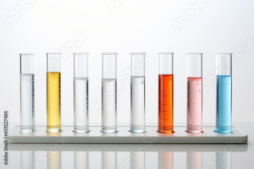 Test tubes lying on a white desktop filled with a colored liquids blue red, yellow pink, glassware equipment for scientific experiment in medicine biology healthcare chemistry research laboratory