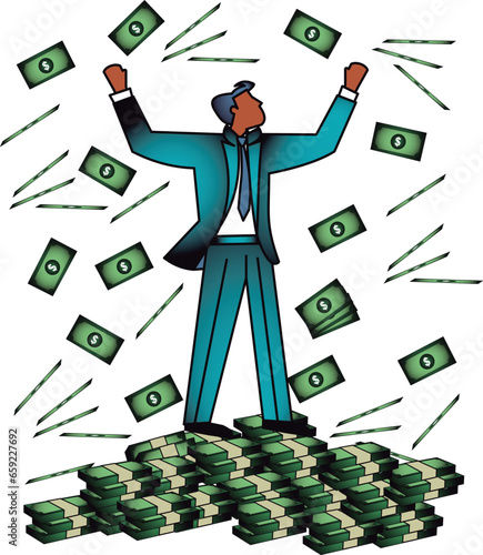 Businessman in a successful position, with rain of money, achievement, willpower and achieving goals