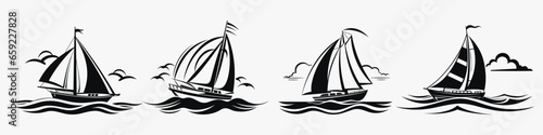 sailboat silhouette vintage logo design on Sea Ocean Wave with Doodle line art style vector illustration design