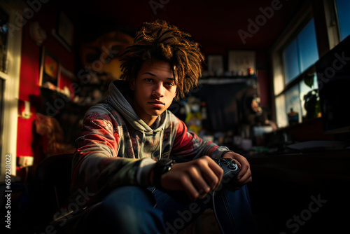 Multiracial teenage boy playing video games at home. Generative AI. © Lux Images
