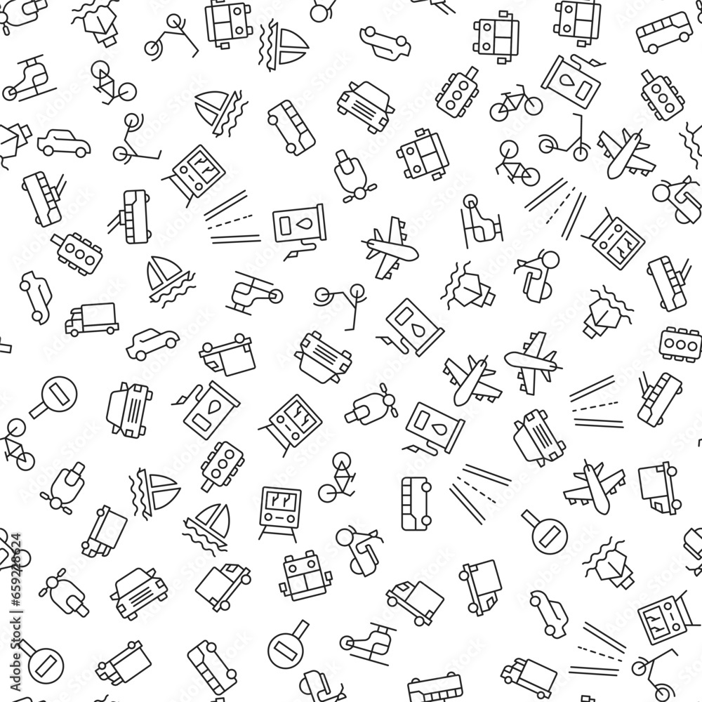 Car, Bus, Train, Moped, Plain, Road, Gas Station Seamless Pattern for printing, wrapping, design, sites, shops, apps