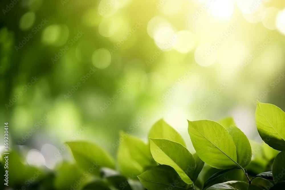 Naklejka premium Nature of green leaf in garden at summer. Natural green leaves plants using as spring background cover page environment ecology or greenery wallpaper. generative ai.