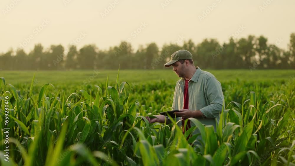 Agronomist Examining Young Corn Plants In Field In Summer Evening, Farmer Caring About Harvest Agronomist Examining Young Corn Plants In Field In Summer Evening, Farmer Caring About Harvest