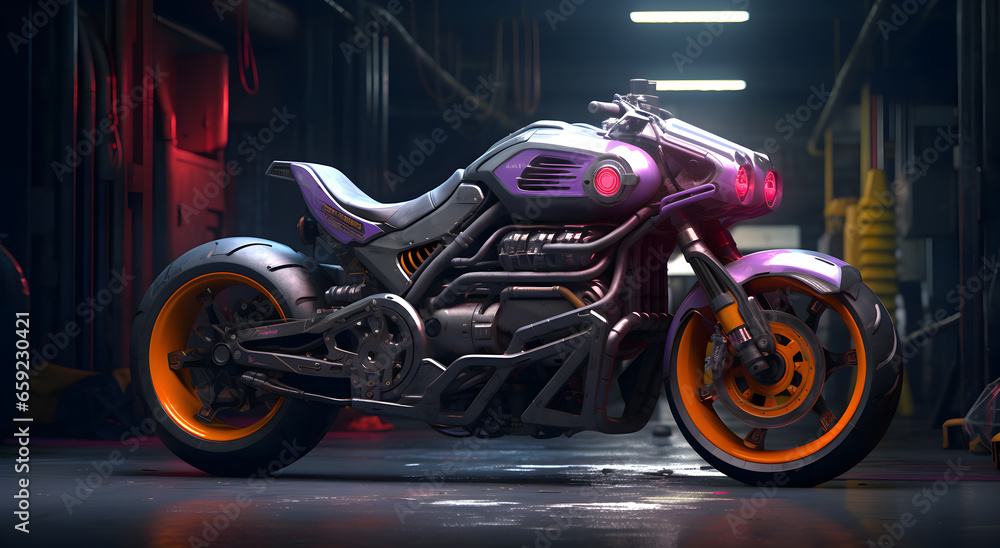 Neon purple motorcycle in the style of realistic and hyper detailed rendering