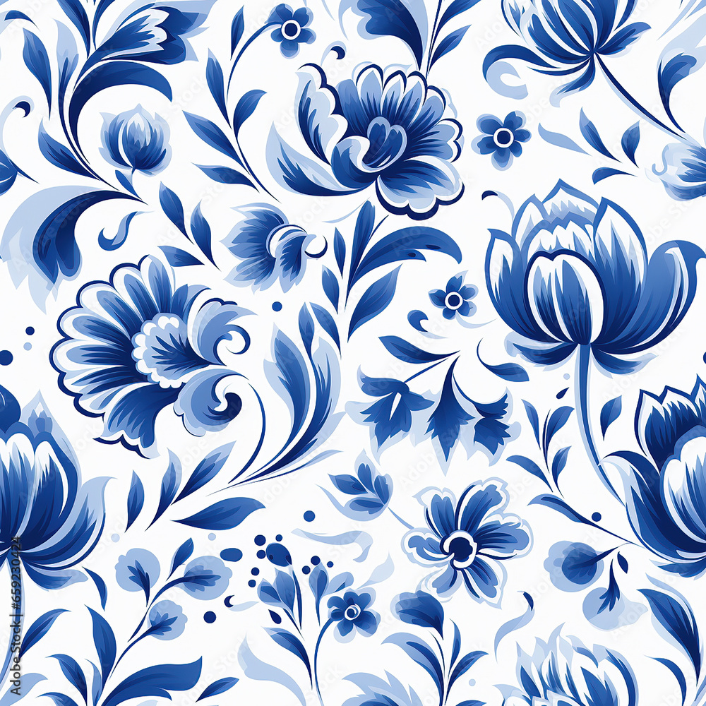 Seamless pattern in Dutch delft blue and white traditional handpainted flowers. Seamless pattern in Dutch delft blue and white traditional handpainted flowers.