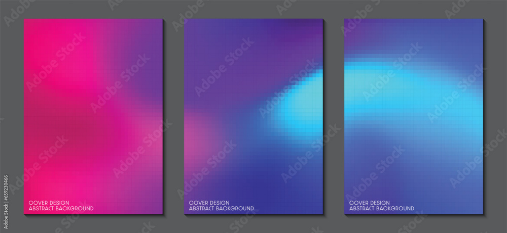 Cover designs pixels mosaic pattern gradient colorful graphic background set. Concept design and print media ideas for brochures and posters. Vector Illustrator EPS.