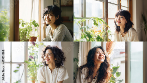 明るい窓辺で微笑む20代～30代の日本人女性のポートレートセット