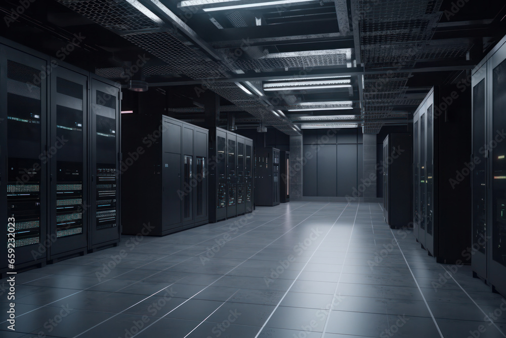 A long hallway of a modern data center showcases the power and efficiency of advanced technology, with rows of server racks and high-tech infrastructure, AI Generative.