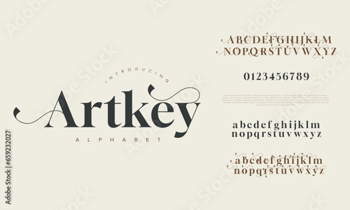 Artkey premium luxury elegant alphabet letters and numbers. Elegant wedding typography classic serif font decorative vintage retro. Creative vector illustration
