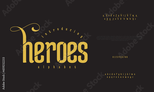 Heroes premium luxury elegant alphabet letters and numbers. Elegant wedding typography classic serif font decorative vintage retro. Creative vector illustration