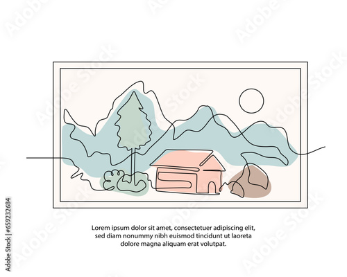 One line nature hut view poster drawing with a beautiful frame. Abstract minimal continuous line wall decor.