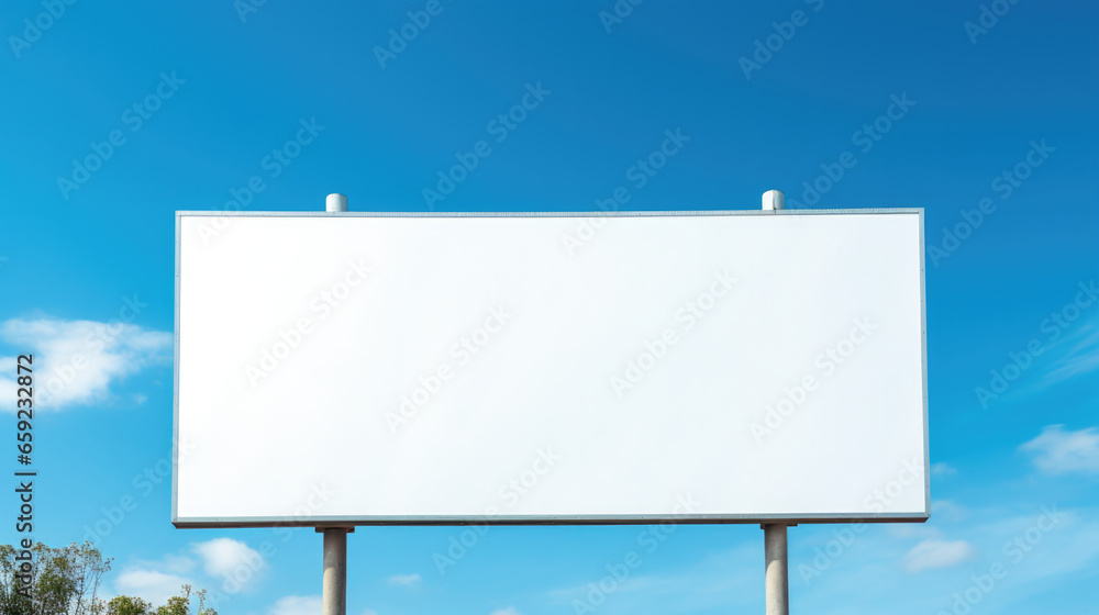 Obraz premium low angle shot of blank billboard mockup against bright blue sky.