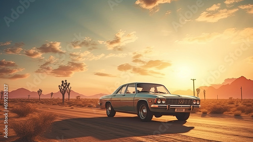 A vintage car at Country road in The desert, far from the city