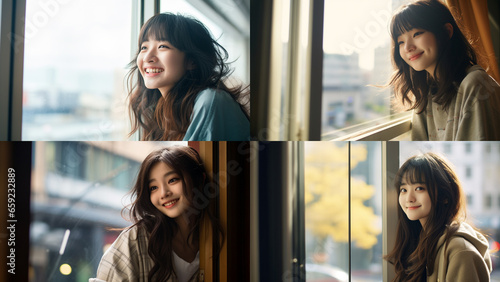 明るい窓辺で微笑む10代～20代の日本人女性のポートレートセット