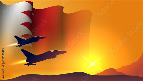 fighter jet plane with bahrain waving flag background design with sunset view suitable for national bahrain air forces day event