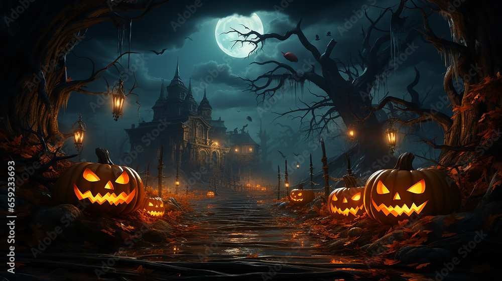 Halloween background with pumpkins and castle. 3D illustration.Halloween-Hintergrund mit Kürbissen und Schloss. 3D-Illustration.