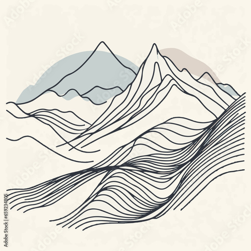 Simple Mountain Wave Line Art Print. Abstract Vector Illustrations Depicting Contemporary Aesthetic Backdrops with Magnificent Mountain Views.