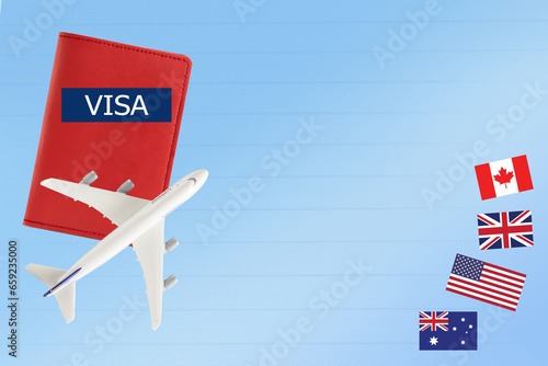 Visa and passport with airplane and flag for travel and ecucation with copy space. photo