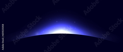 Planet eclipse concept. Purple blue solar light glare effect. Abstract glowing sunrise on dark background. Earth horizon halo illustration. Vector design for poster, banner, cover, brochure, booklet