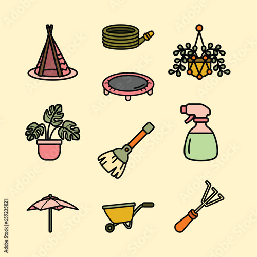 Set of Backyard object Cute Flat Line Illustration