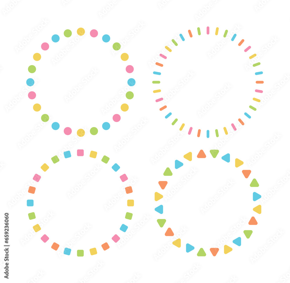 A set of illustrated decorative border frames in various shapes such as circles, squares, and triangles surrounded by a circle. A set of illustrated decorative border frames in various shapes such as circles, squares, and triangles surrounded by a circle.