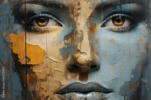 塗装が剥がれた女性の顔,Generative AI AI画像