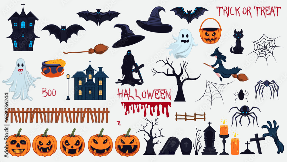 Naklejka premium Set of Halloween elements such as pumpkins, ghosts, bats, spiders, witches, and others. isolated on a white background. vector halloween collection