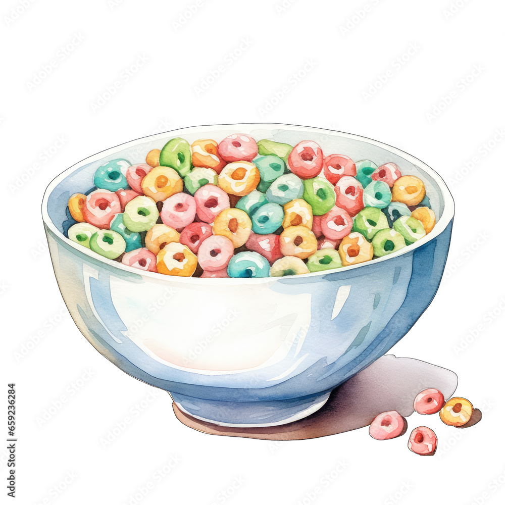 Sugary kids breakfast cereal and milk, Isolated on white transparent background Sugary kids breakfast cereal and milk, Isolated on white transparent background
