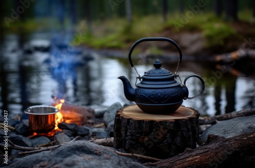 camp fire in the forest, tea